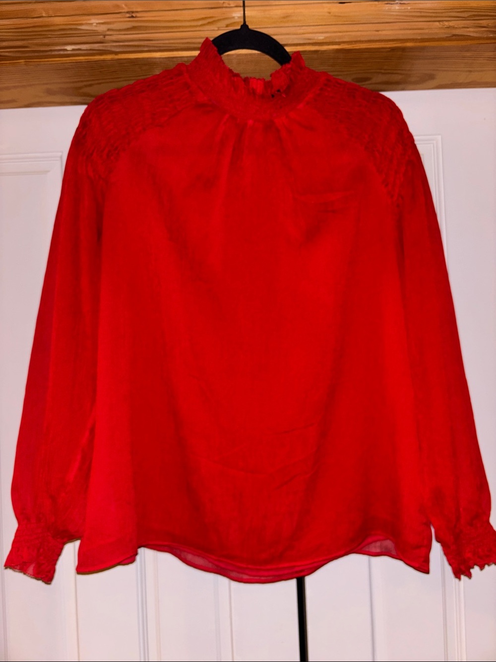 Ann Taylor Vibrant Red Smocked-Neck Long Sleeve Blouse
